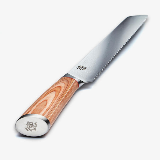 Haruta 10 Inch VG10 Japanese Damascus Steel Bread Knife with Wooden Handle & Scabbard