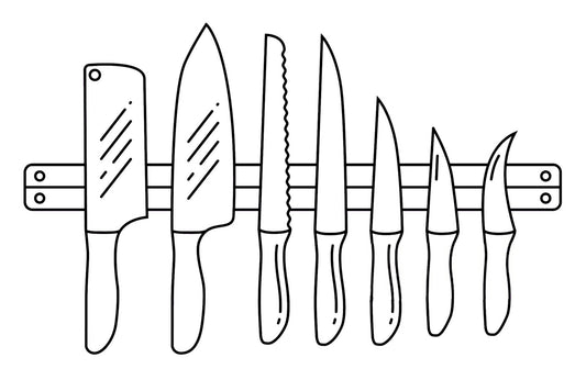 Line illustration of seven kitchen knives, from cleaver to paring knife, held on a wall-mounted magnetic knife rail