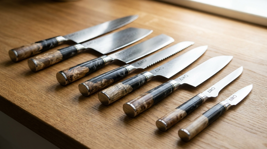 A row of Japanese-steel knives on an oak worktop showing wooden, ebony and coloured resin handle styles