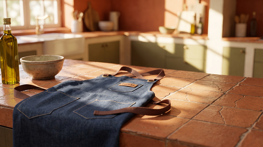 Santoku denim cross-back chef apron laid across a terracotta tile worktop in warm window light
