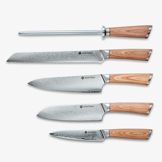 Haruta 5-Piece VG10 Japanese Damascus Steel Kitchen Knife Set with Wooden Handles & Scabbards