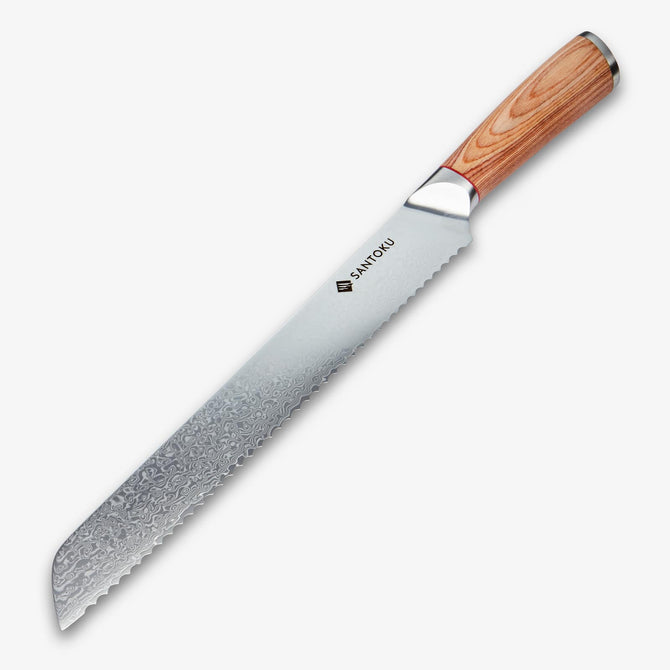 Haruta 10 Inch VG10 Japanese Damascus Steel Bread Knife with Wooden Handle & Scabbard