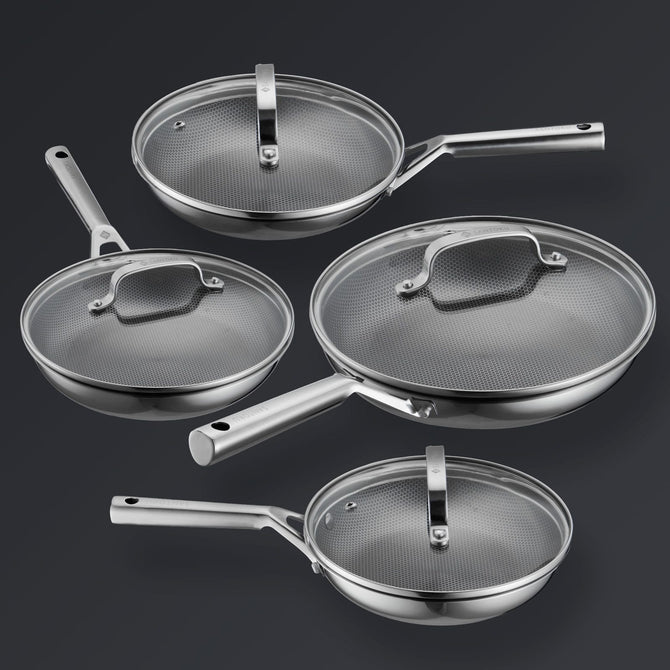 Hive Hybrid™ 8-Piece Pan & Lid Set (4 Frying Pans + 4 Matching Lids)