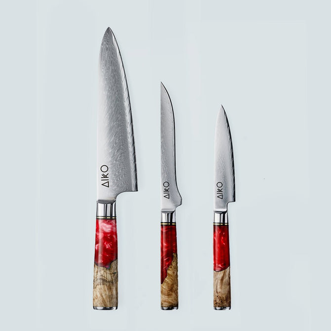 Aiko Red Damascus Steel Knife with Coloured Red Resin Handle