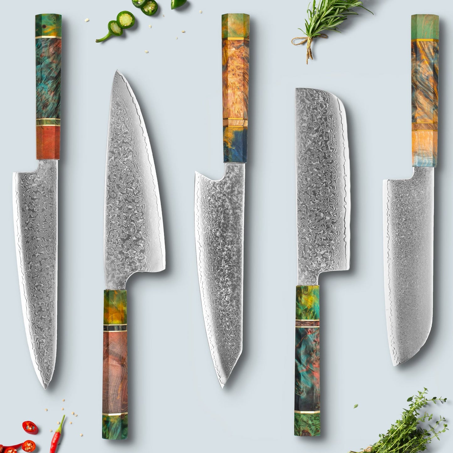 Ichika Damascus Steel Knife with coloured Octagonal Handle